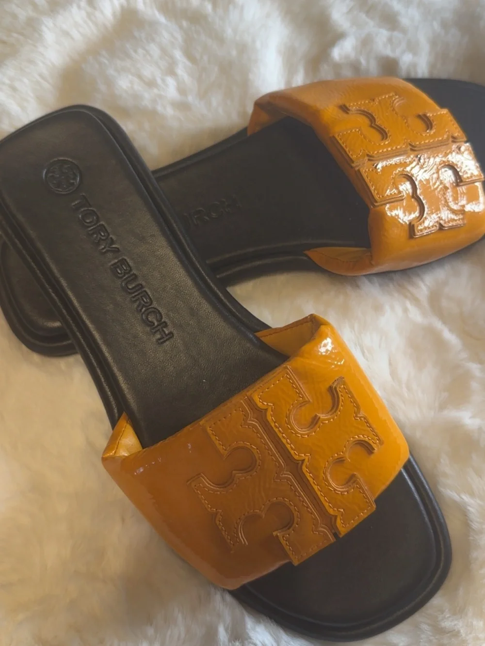 Tory Burch Orange Patent Logo Slide Sandals